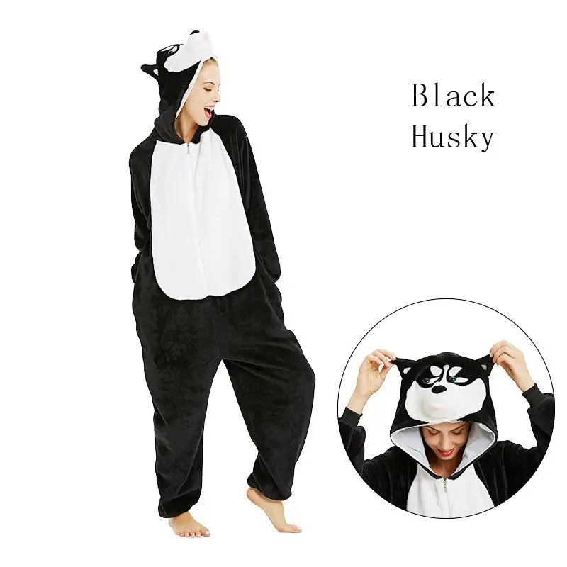 Black husky Kigurumi единорог пижамы животных Onesie для женщин мужчин пижамы взрослых мультфильм животных Динозавр зимний Пижамный костюм стежка комбинезоны - Цвет: Black husky