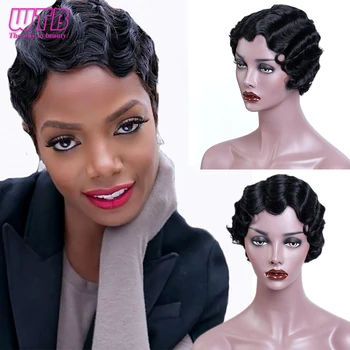 

WTB Synthetic Short Black Water Wave Bob Pink Cute Wig for Woman Finger Waves African American Pixie Cut Fake Hair