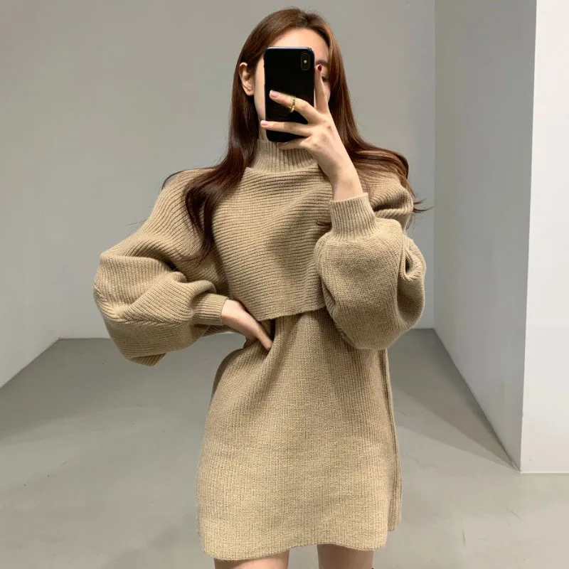 Female Autumn Winter Casual Knitwear Dress Loose Two Piece Set Solid Mock Neck Thick Warm Knitted Pullover Women Long Sweaters |