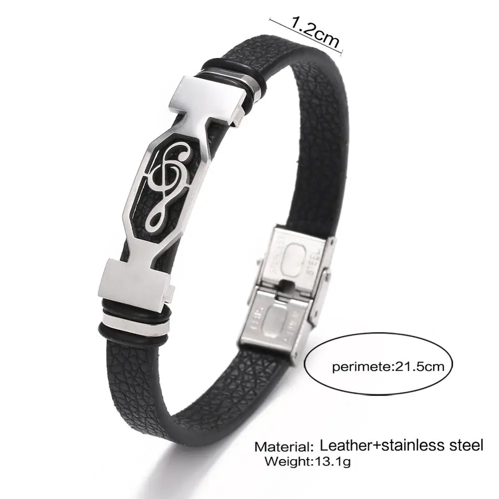 Titanium Steel Leather Bracelet Men Vintage Music Symbol Cuff Bracelet Jewelry