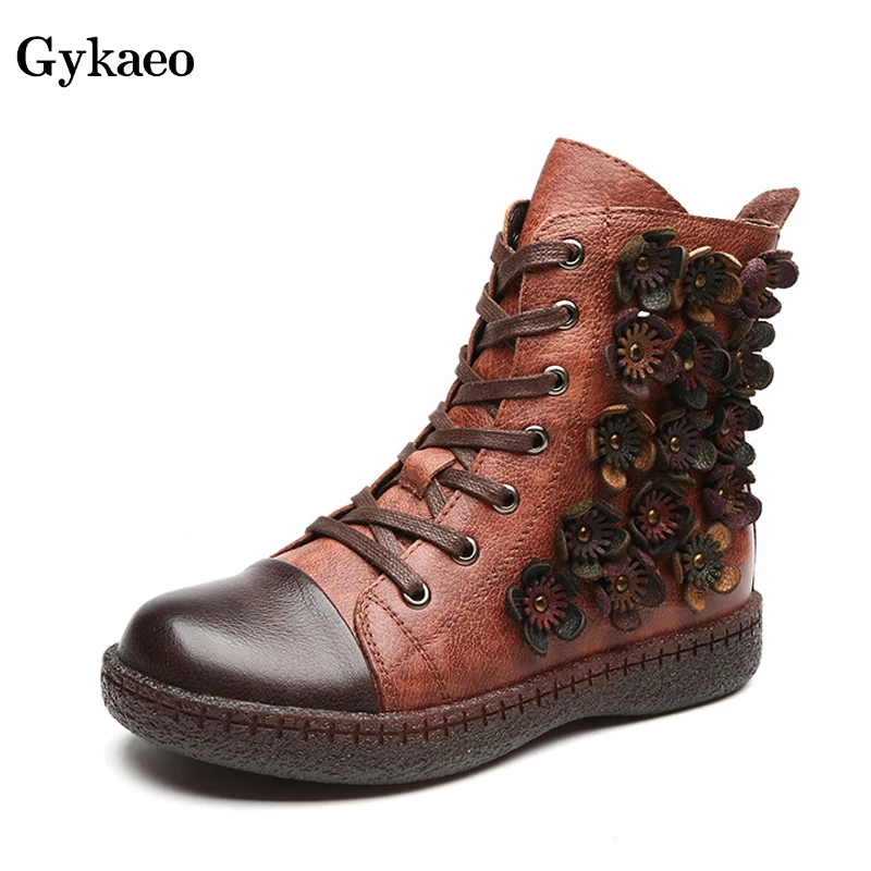Gykaeo/зимние женские ботинки из натуральной кожи в винтажном стиле; Женская Удобная плюшевая теплая обувь на плоской подошве со шнуровкой; botas mujer invierno
