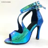 YSWEYOMIC Latin Salsa Dance Shoes 10cm Cuban Heel Blue Laser PU and Glitter Blue Latin Women Salsa Shoes Party Dance Shoes