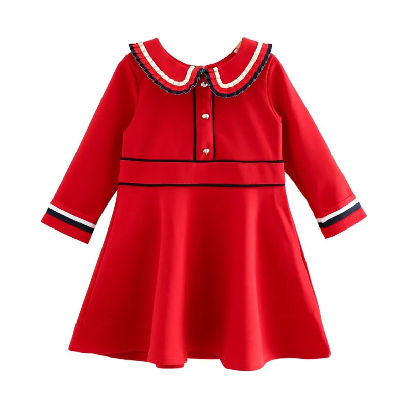 Детская одежда для девочек; Цвет Красный; воротник-кукла; однотонное платье принцессы; милое праздничное платье с длинными рукавами; От 2 до 7 лет; Милая одежда для маленьких девочек