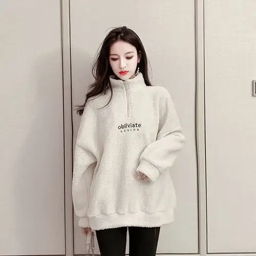 white Осенний и зимний свитер для молодых женщин, Корея, новая мода, мех ягненка, вышитая надпись, куртка, Женская Повседневная рубашка для студентов - Цвет: white