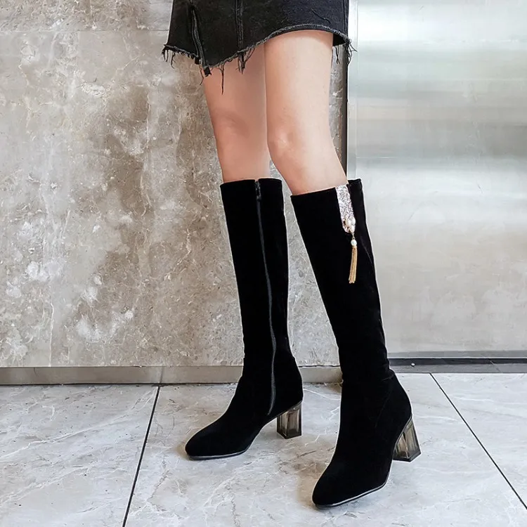 Большие размеры 34-48, сапоги до колена женская обувь с цепочкой и кристаллами женские модные зимние сапоги на высоком каблуке для вечеринок женская обувь черного цвета MAZIAO