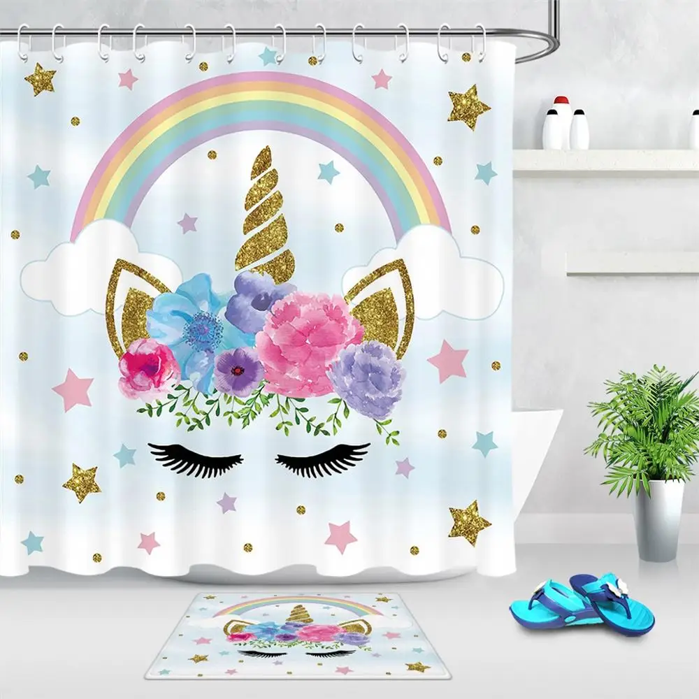 Waterproof Fabric Rainbow Stars Flower Unicorn Shower Curtain Set Bathroom Hooks