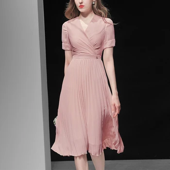 

Seifrmann Fashion Runway Summer Solid Chiffon Dress Women Bohemia V-Neck Button Pleated Dress Female Vacation Casual Knee Dress