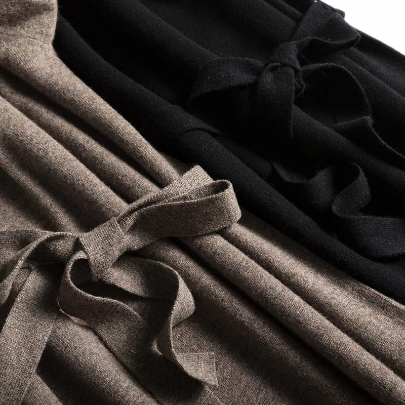 SuyaDream 2021 Winter Midi Dresses 100%Basulan Wool V neck Sashes Pullover Dress 2021 Fall Winter Sweaters for Woman Black