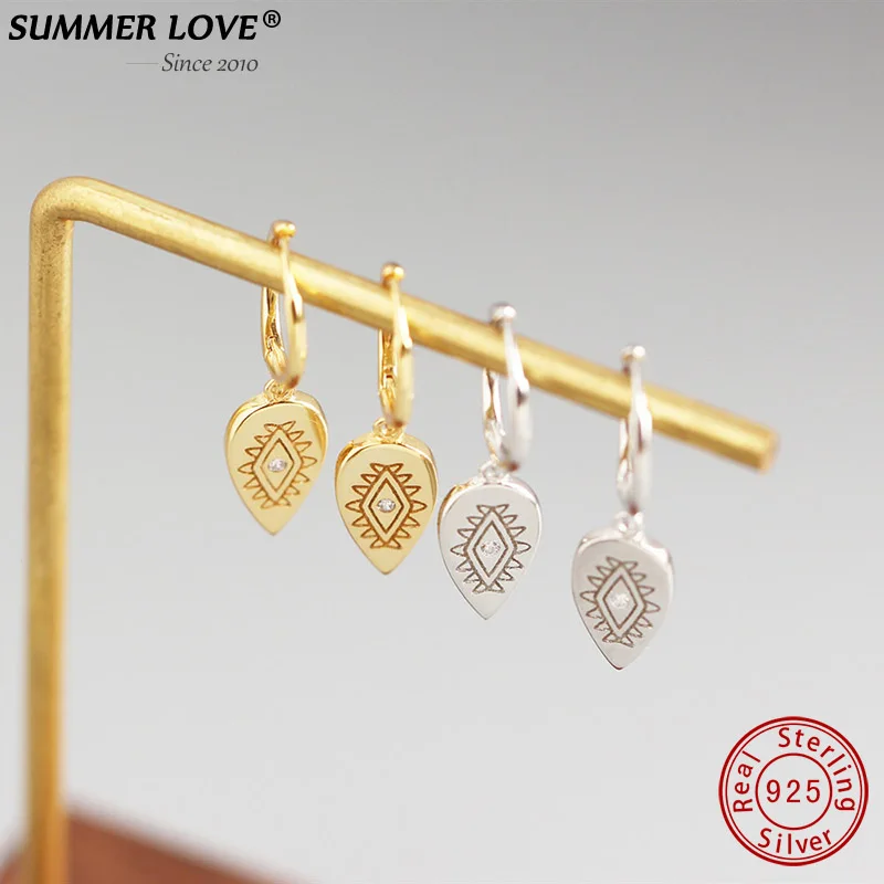 

Summer Love 925 Sterling Silver Geometric Water Drop Totem Tassel Hoop Earrings for Women Minimalist Ear Jewelry Dropshipping