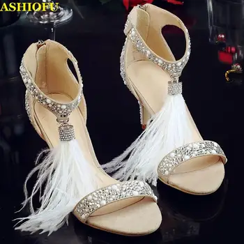 

ASHIOFU Handmade Ladies High Heel Sandals Fringed&Tassels Party Prom Shoes Glitter Dress Evening Fashion Sandals Shoes
