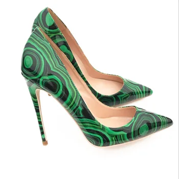 

2020 new green circle high heels female 12cm pointed toe stiletto single shoes banquet shoes small size 33--44