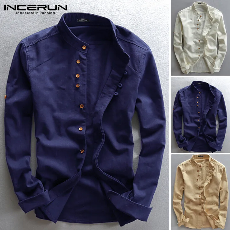 INCERUN мужская повседневная хлопковая рубашка в стиле ретро в китайском стиле, с воротником-стойкой, тонкая, однотонная, новая, модная, свободная, с надписью
