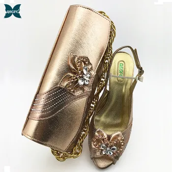 

New Arrival Italian design champagne Color Women Matching Shoes and Bag Set Decorated with Rhinestone Nigerian Shoes and Bag Set