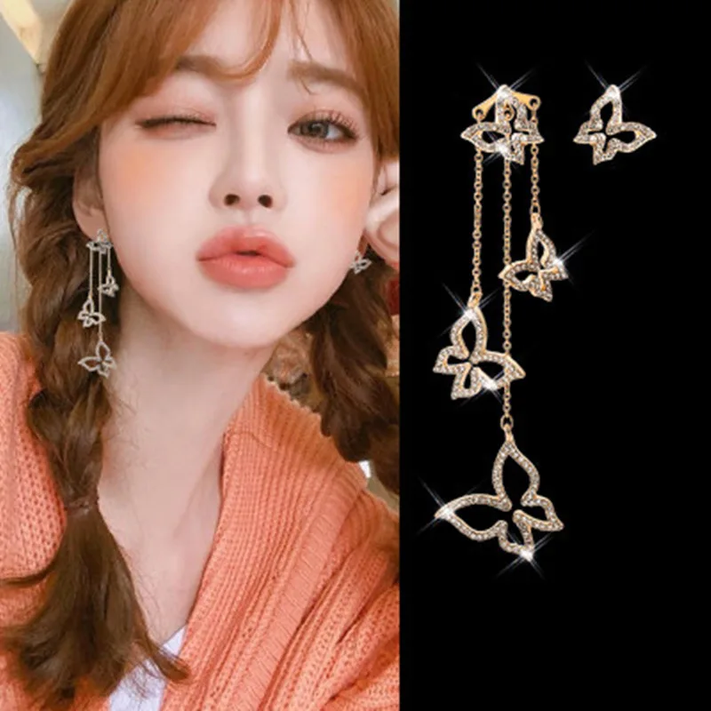 

New Korean Version Butterfly Inlay Crystal Asymmetric Earrings Long Tassel Women for Drop Pendientes Trendy Brincos