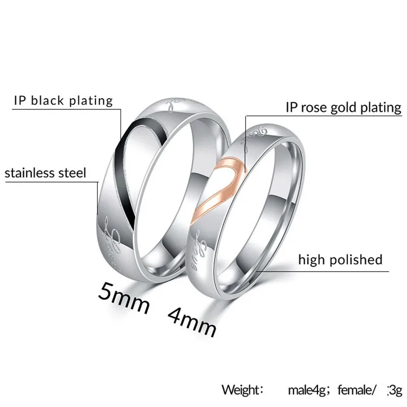 Fashion Titanium Steel Real Love Jewelry Heart Wedding Rings for Women Men Couple Engrave Silver Color Never Fade Full Size 4-15 5
