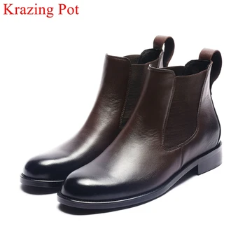 

Krazing Pot handmade big size cow leather retro round toe ankle boots Chelsea comfortable runway party warm winter shoes L7f3