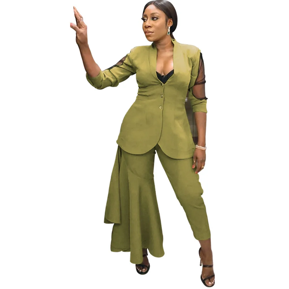 Lemon Gina New Women Notched Long Sleeve Mesh Patchwork High Waist One Side Ruffle Flared Pant Suit Two Piece Set WY6625