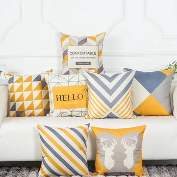 

Yellow Blue Gray Geometric Pillow Cover Nordic Simple Style Deer Home Decor Cotton Linen Cushion Cover Sofa Throw Pillows 45x45