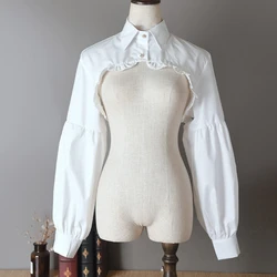 Women Puff Long Sleeve Half Top Blouse Ruffled Edge Golden Button Detachable False Fake Collar Winter Sweater Decorative