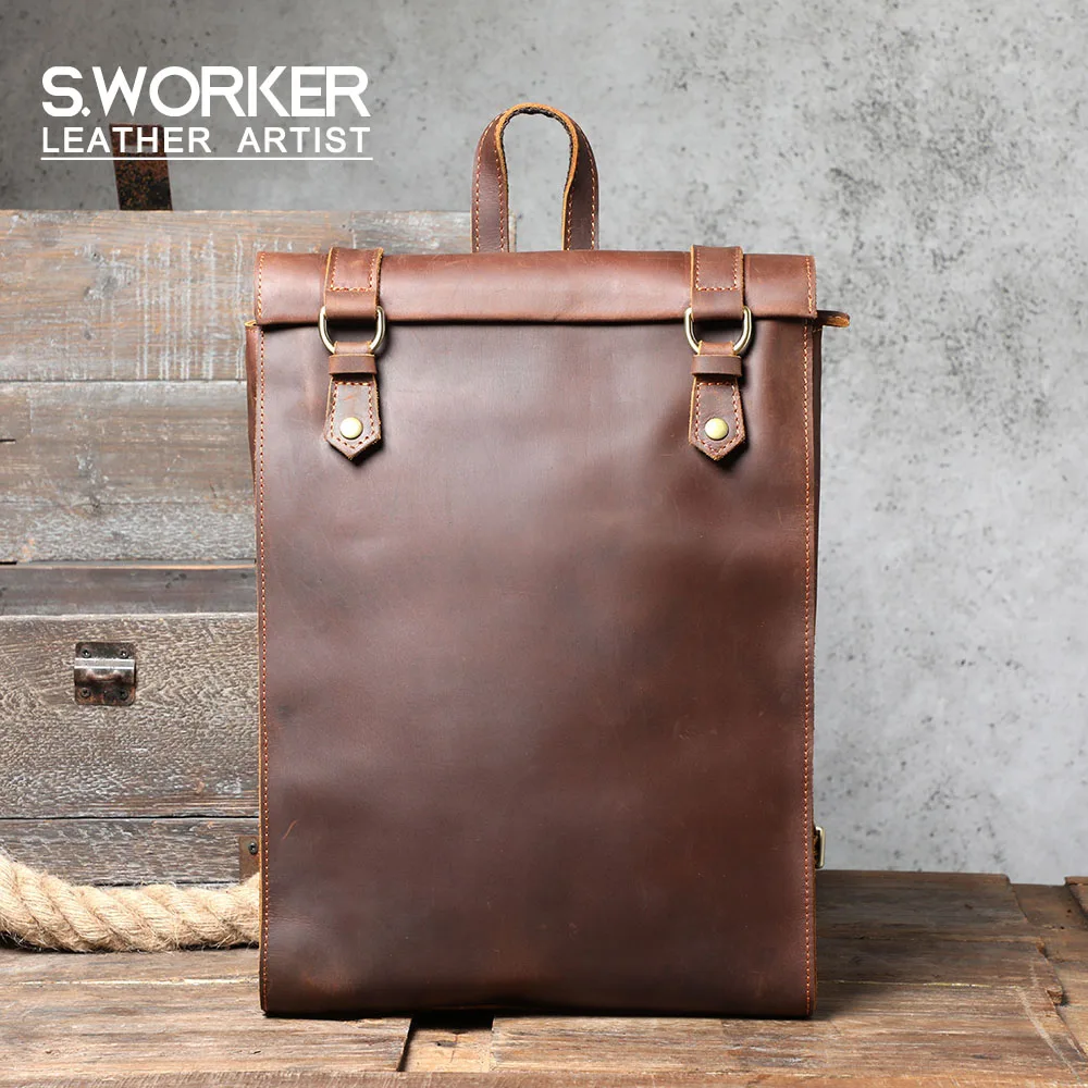 S.worker Vintage Genuine Leather Men's Briefcase Laptop Messenger Bag Crazy  Horse Leather Handbag Cowhide Retro Casual Style - Temu
