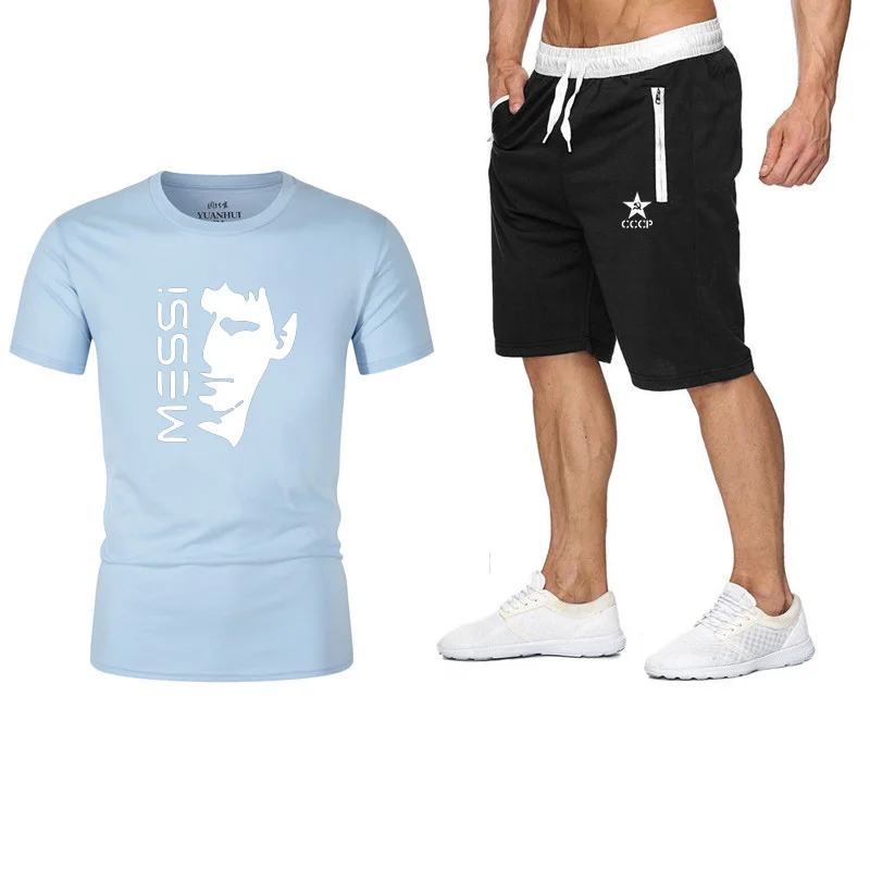 Blue Летний Повседневный Спортивный костюм футболки с короткими рукавами han edition Красивая мужская одежда модная спортивная одежда с круглым вырезом и принтом - Цвет: Blue