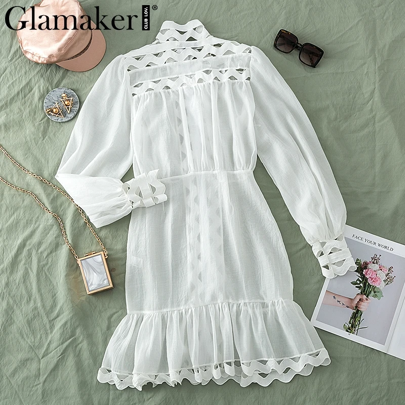 Glamaker Sexy transparent ruffle short dress Women long lantern sleeve A-line Organza white dress Button party autumn vestidos