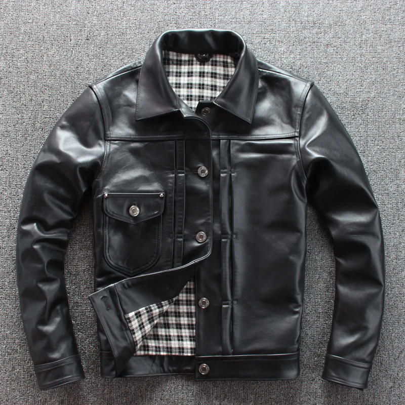 

2020 men's japanese vintage style calf skin jacket slim short real leather coat men single breasted denim shirt design