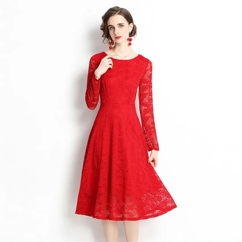 

Spring Autumn Lace Dress Women Long Sleeve Elegant Office Dress Korean Fashion High Quality Midi Dresses Vestido De Mujer