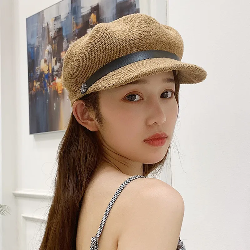 Women Summer Short Brim Newsboy Cap Breathable Octagonal Cap Washable Straw Hats For Women Beach Sun Hat Boina Berets Casquette