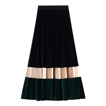 

Vintage Long Skirt Elastic Women Winter Warm Gold Velvet High Waist Elascity Casual Party Skirts