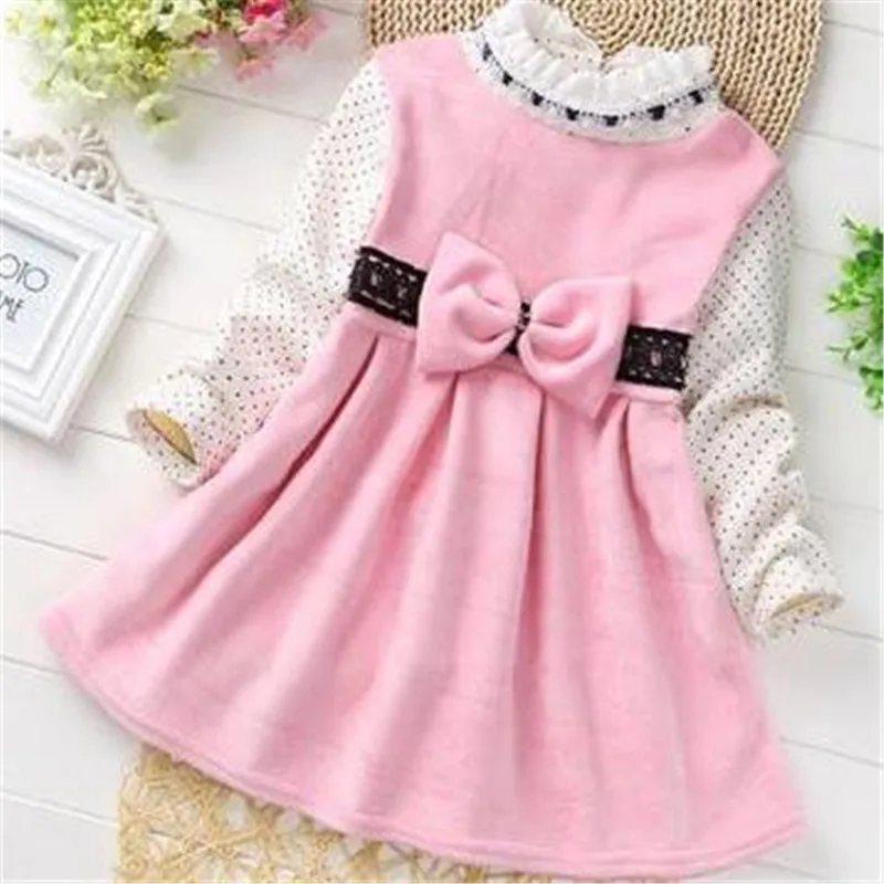 Платья для девочек зимняя одежда для малышей, детская утепленная Вельветовая одежда с высоким кружевным воротником, теплое платье принцессы с бантом