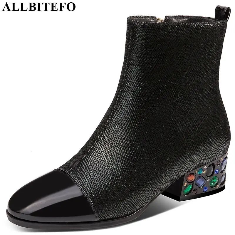 

ALLBITEFO Two kinds of genuine leather Pure color women boots Autumn Winter Round toe ankle boots Crystal heel fashion boots