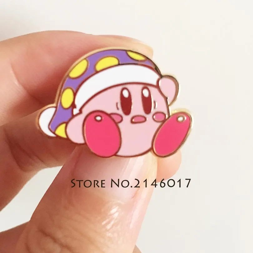 

Newly 1'' Cute Metal Badge Gifts Hard Enamel Pin Cool Bag Lapel Pins and Brooches Sleepy Kirby with Hat for Character Video Game