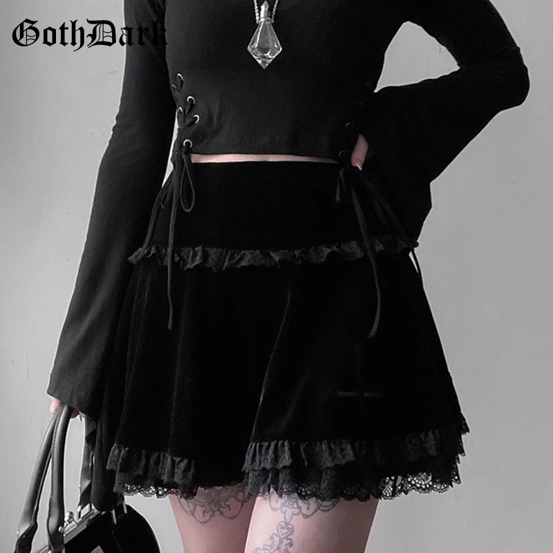 Mini Skirts Lace Velvet Pleated Emo Harajuku Ruffles Dark-Mall Gothic Aesthetic Vintage