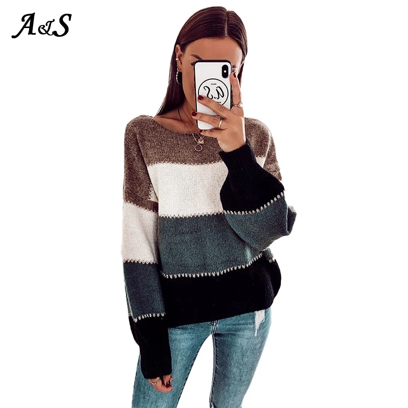

Anbenser O Neck Patchwork Sweater Women Casual Lantern Sleeve Knitted Sweater Top Female Winter Loose Striped Pullover Jumper XL