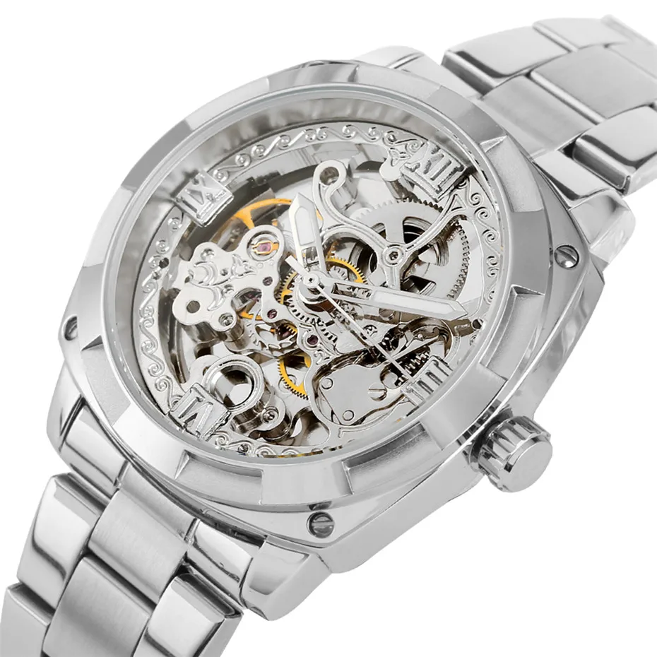 

Silver/Black/Gold Steel Mechanical Watch Self Winding Men's Watches Transparent Skeleton Business Casual Automatic Timepiece