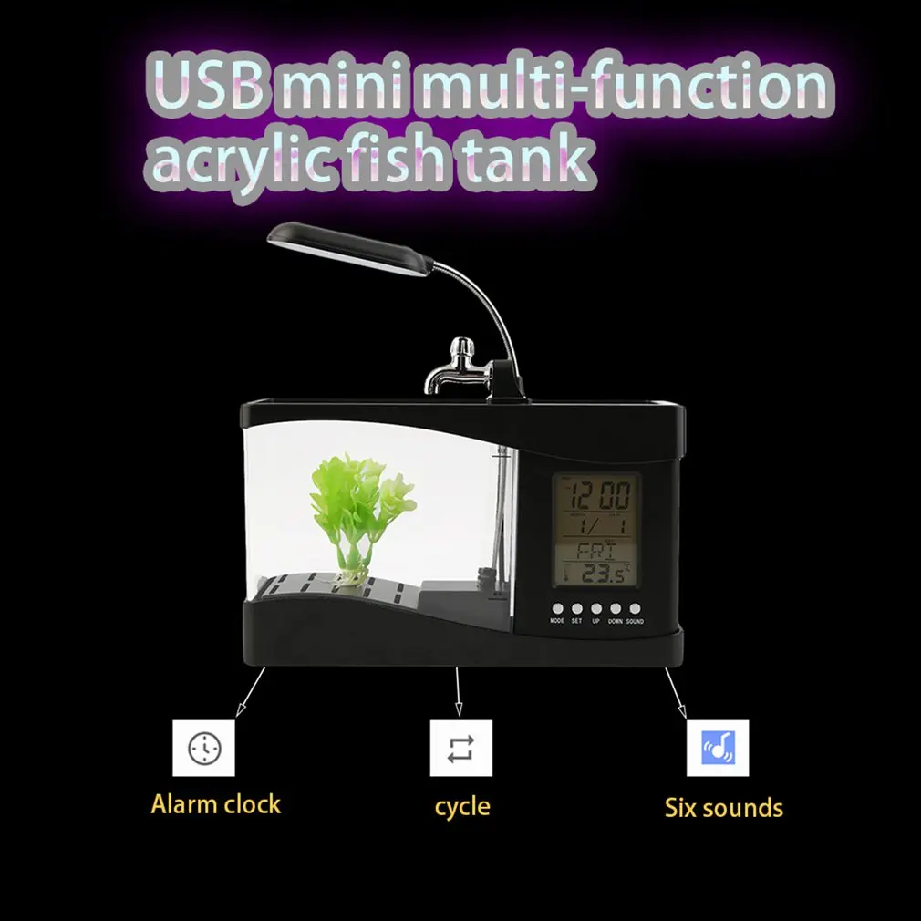 1.5L USB Desktop Mini Fish Tank Aquarium LCD Timer Alarm Clock LED Lamp Light Black recirculation Temperature Calendar