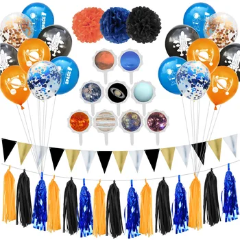 

Besegad Outer Space Theme Party Decoration Kit Balloons Cake Topper Banner Tassel for Astronaut Planet Birthday Holiday Party