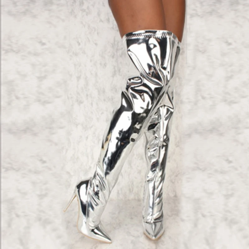 Flash Sale Botas plateadas altas hasta el muslo con espejo para mujer, zapatos de fiesta con punta puntiaguda, por encima de la rodilla, Botas Largas aKwjMg8VQoO