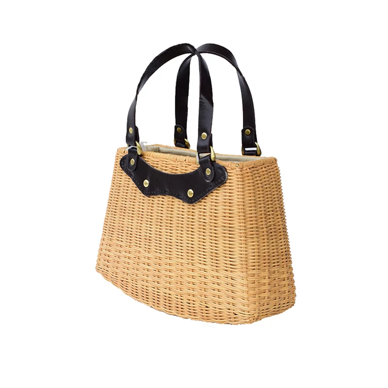 Fashion style plant rattan weaving handbag with PU leather handle casual bag lining for girls summer beach holiday |