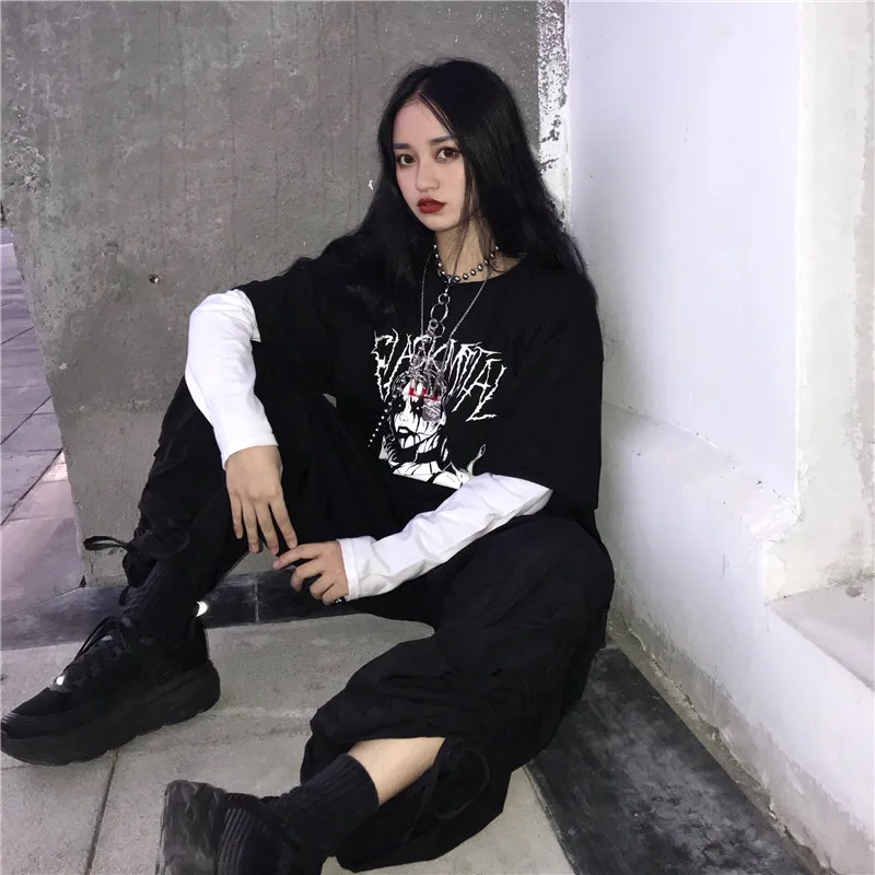 Woherb Harajuku, Темная футболка с мультяшным принтом, Поддельные 2 штуки, пэчворк, Повседневная футболка с длинным рукавом, женская и Мужская Уличная одежда, топы