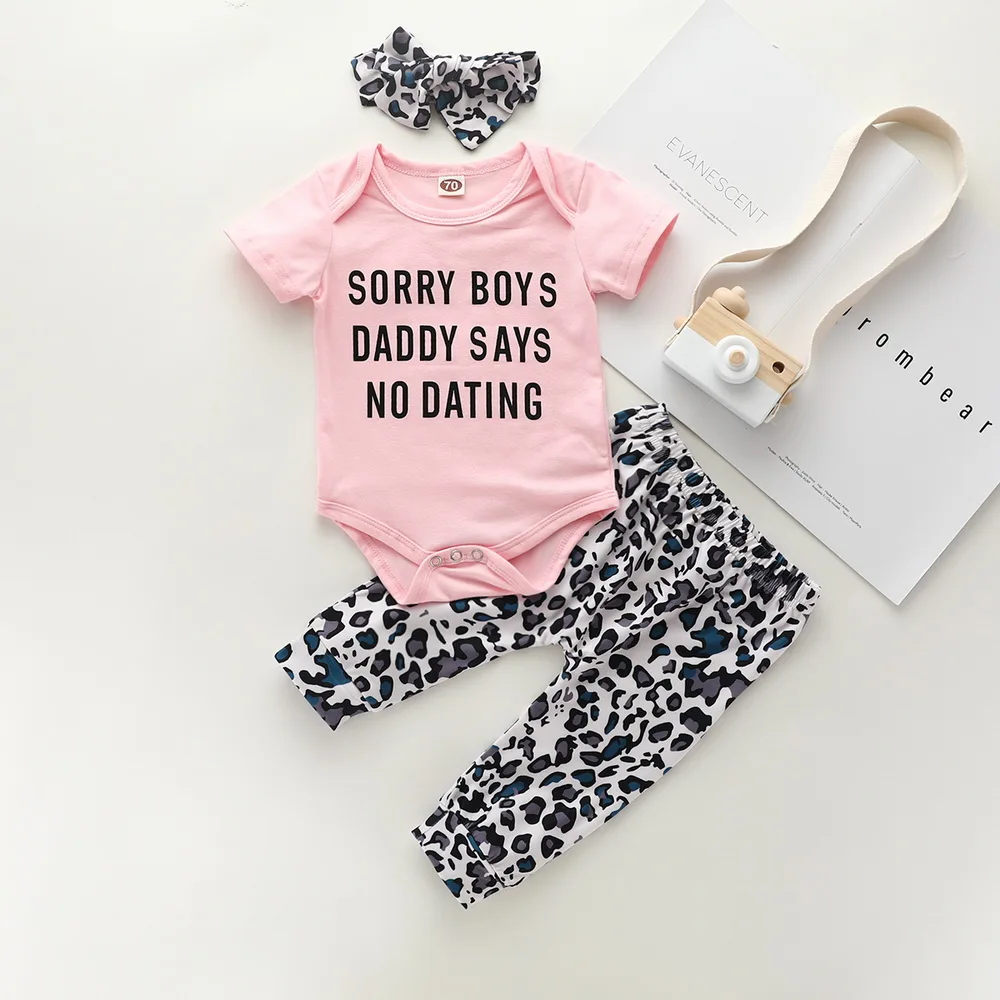 

Newborn Baby Girls Short sleeve Letter Tops Bodysuit leopard Pants Headband Autumn Outfits Clothes 0-18M Infant T 3PCS Sets D30
