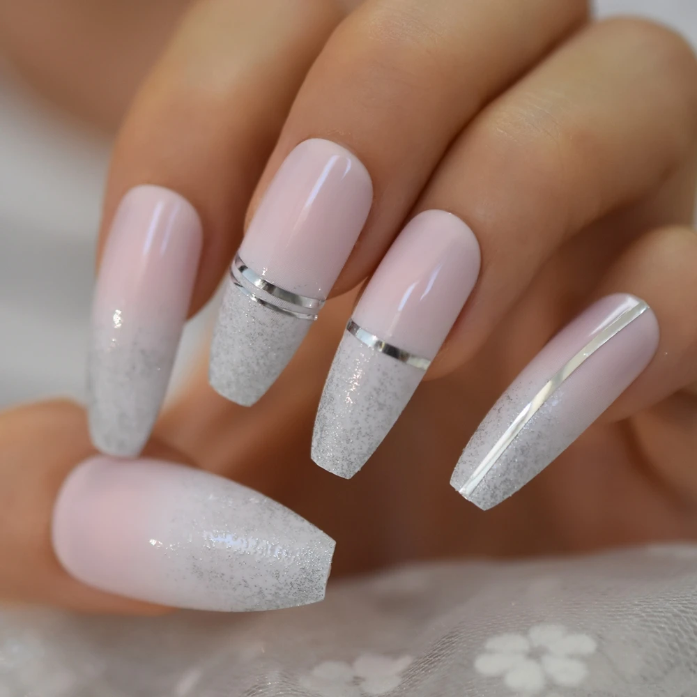 Gorgeous Fake Nails Pink Luxury French Style Tips Metallic Silver Line