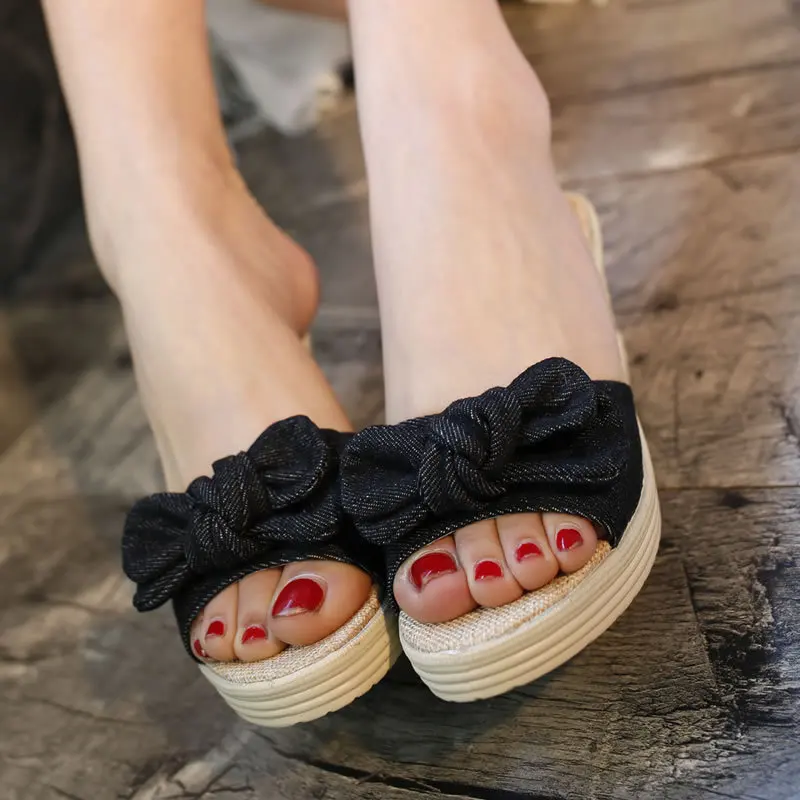 

New Style Sandals Fashion Bow WOMEN'S Slippers Slanted Heel Semi-high Heeled Versatile Comfortable WOMEN'S Slippers