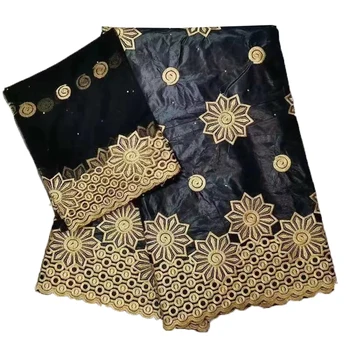 

Esewing Black Color african lace fabrics Fashion embroidery bazin riche getzner with beads nigerian bazin lace fabric 7yards