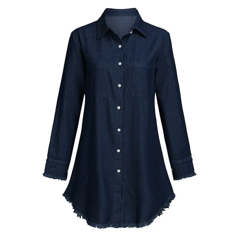  Women Long Shirts Spring Fall Casual V Neck Blouse Tassel Denim Top Ladies Tunic Long Sleeve Long T