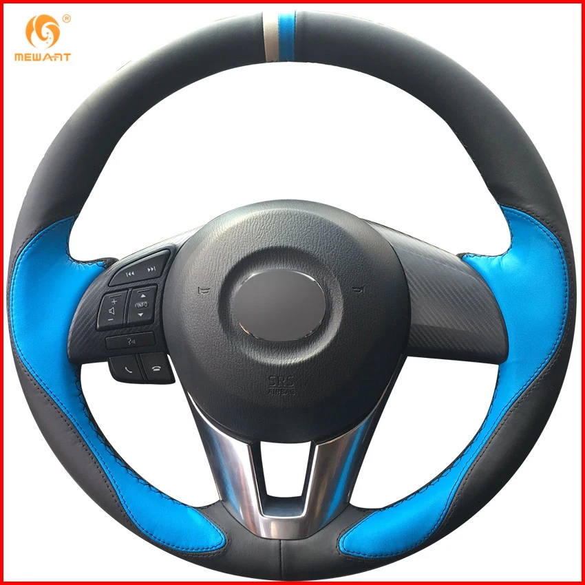 Mewant Light Blue Black Leather Car Steering Wheel Cover For Mazda 3
