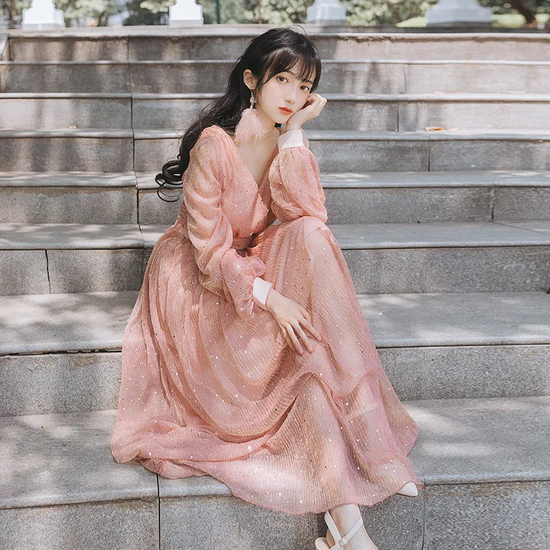 

2019 Early Autumn Dress WOMEN'S Dress New Style Sexy V-neck Long Skirts Waist Hugging Slimming Korean-style Elegant Skirt