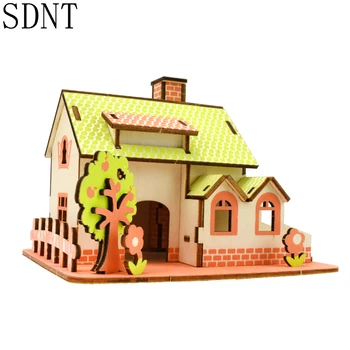 

Wooden Toys Green Apple House Kids Puzzles DIY Graffiti Color Beautiful Jigsaw Puzzle Model Kit Educational Toys for Children
