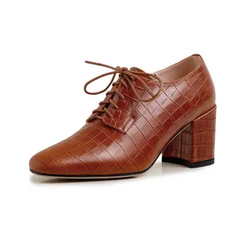

Solid Pumps High Quality Genuine Leather Comfortable Buckle Square Heel Round Toe Shoes Shallow Handmade Pumps